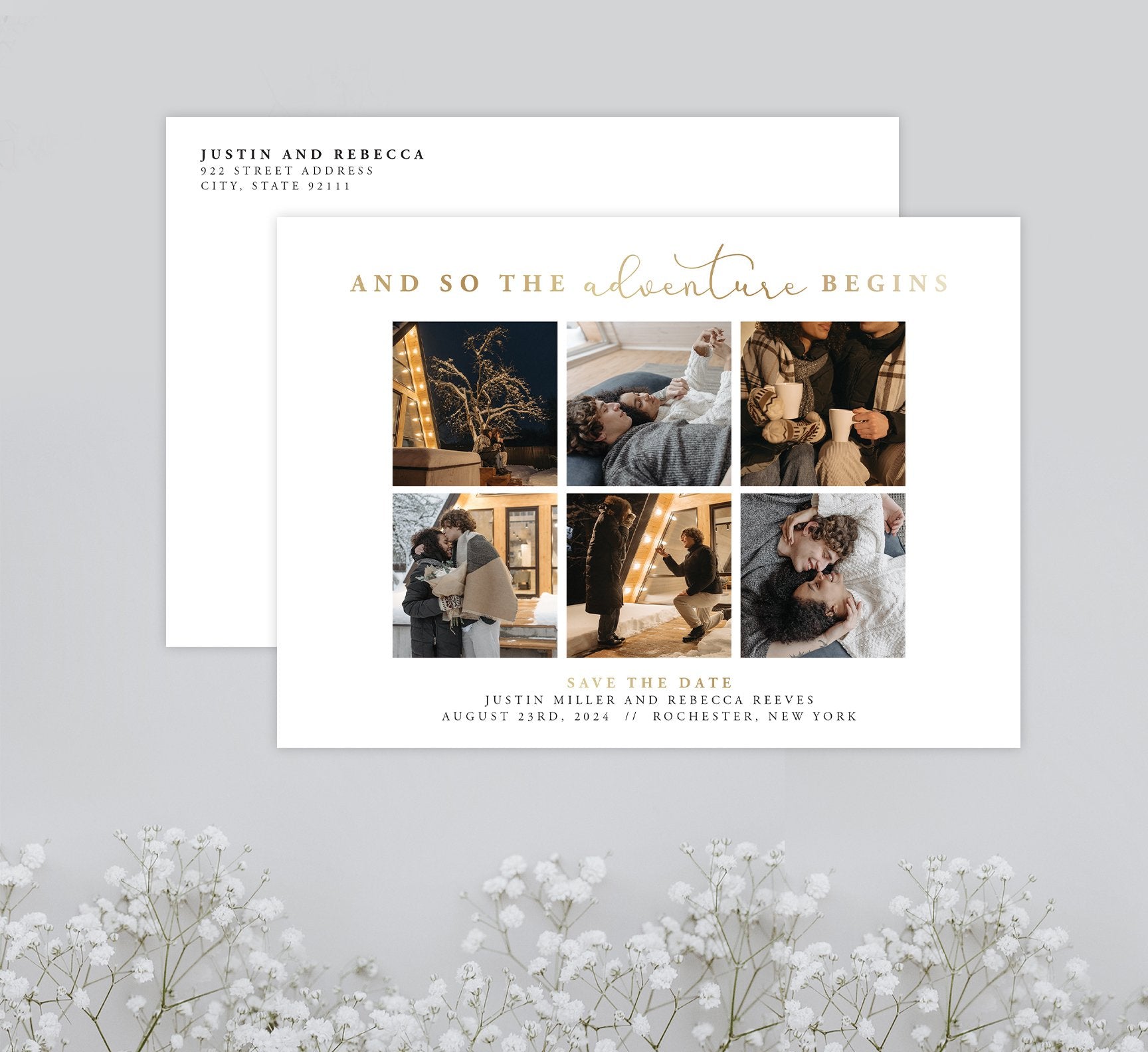 Adventure Begins Save the Date Card with 6 image spots