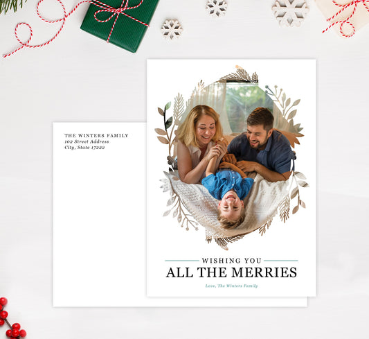 All the Merries Holiday Card Mockup; Holiday card with envelope and return address printed on it.