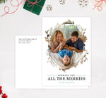 Load image into Gallery viewer, All the Merries Holiday Card Mockup; Holiday card with envelope and return address printed on it. 
