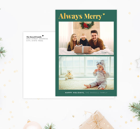 Always Merry Holiday Card Mockup; Holiday card with envelope and return address printed on it.