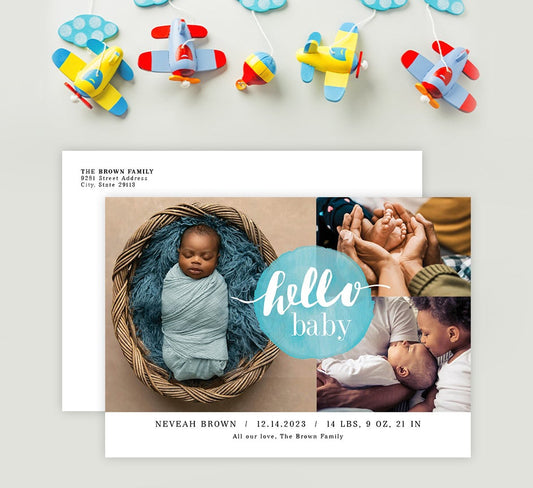 Hello Baby Blue birth announcement card with 3 photo spots and text below.