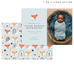 Load image into Gallery viewer, Fox Run Birth Announcement card with 1 image spot and fox head on front, back with patterned fox and rainbows
