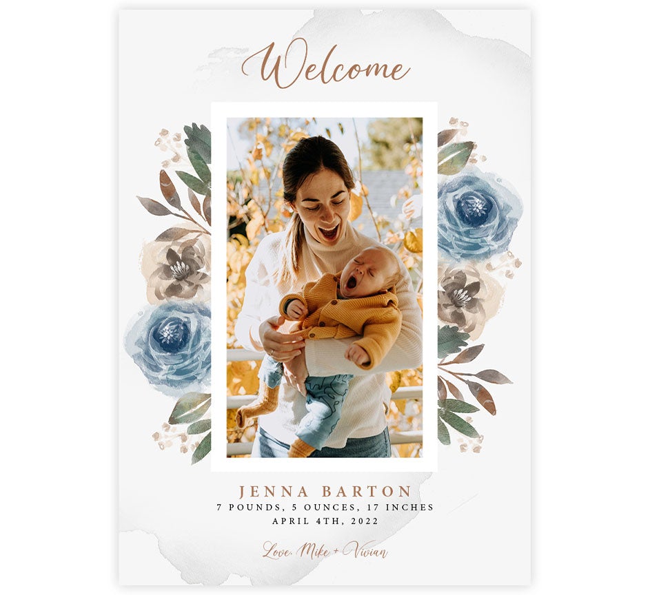 Precious Flowers Birth Announcement card with 1 image spot and watercolor blue flowers