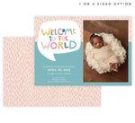 Load image into Gallery viewer, Colorful World Birth Announcement card with 1 image spot, back with decrative pink pattern
