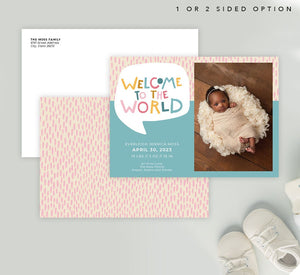 Mockup of Colorful World Birth Announcement card with envelope