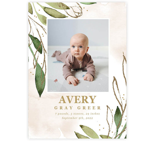 Watercolor Greenery Birth Announcement
