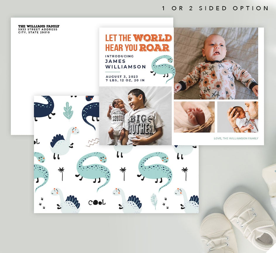 Mockup of Hear You Roar Birth Announcement card with envelope