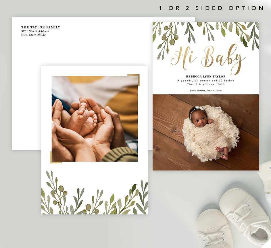 Mockup of Green and Gold Birth Announcement card with envelope