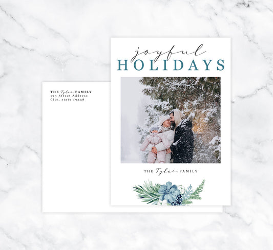 Blue Botanical Holiday Card Mockup; Holiday card with envelope and return address printed on it.