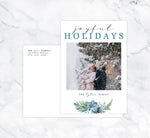 Load image into Gallery viewer, Blue Botanical Holiday Card Mockup; Holiday card with envelope and return address printed on it. 
