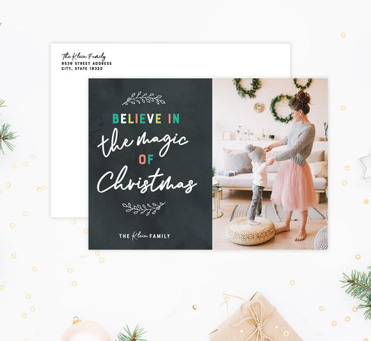 Christmas Magic Holiday Card Mockup; Holiday card with envelope and return address printed on it.