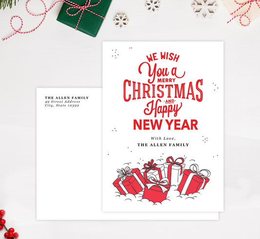 Christmas Presents Holiday Card Mockup; Holiday card with envelope and return address printed on it.