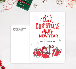Christmas Presents Holiday Card Mockup; Holiday card with envelope and return address printed on it. 