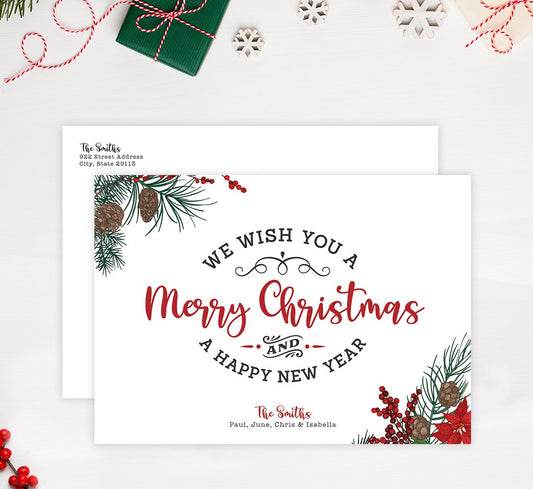 Christmas Typography Holiday Card; Holiday card with envelope and return address printed on it.