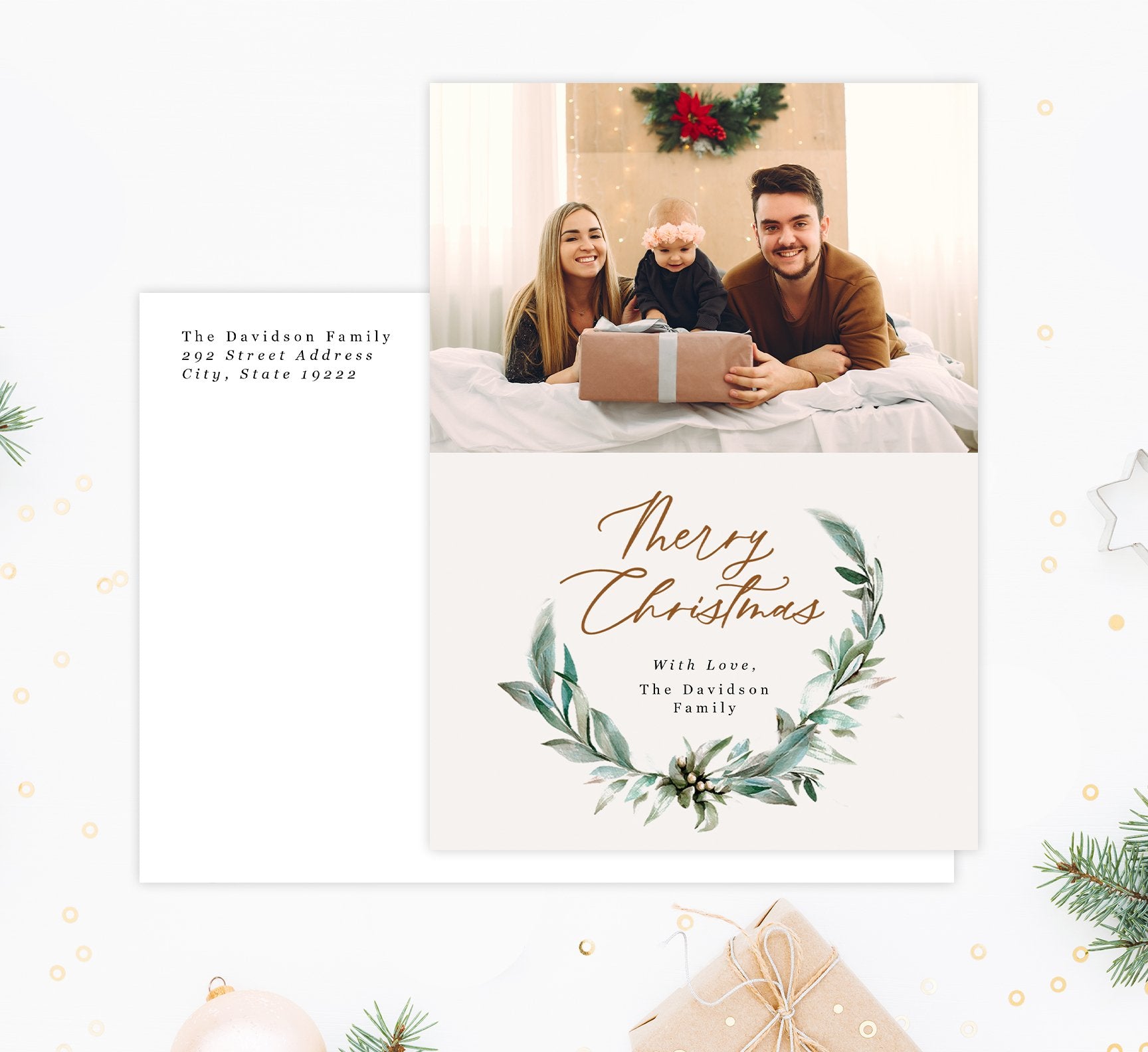 Christmas Wreath Holiday Card Mockup; Holiday card with envelope and return address printed on it. 