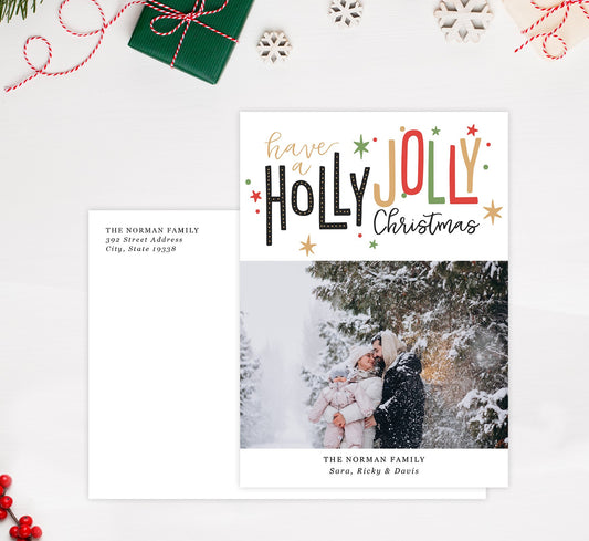 Colorful Christmas Holiday Card Mockup; Holiday card with envelope and return address printed on it.