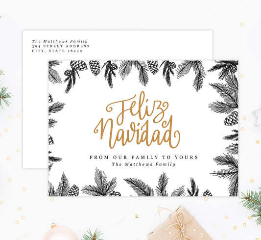 Drawn Pine Holiday Card Mockup; Holiday card with envelope and return address printed on it.