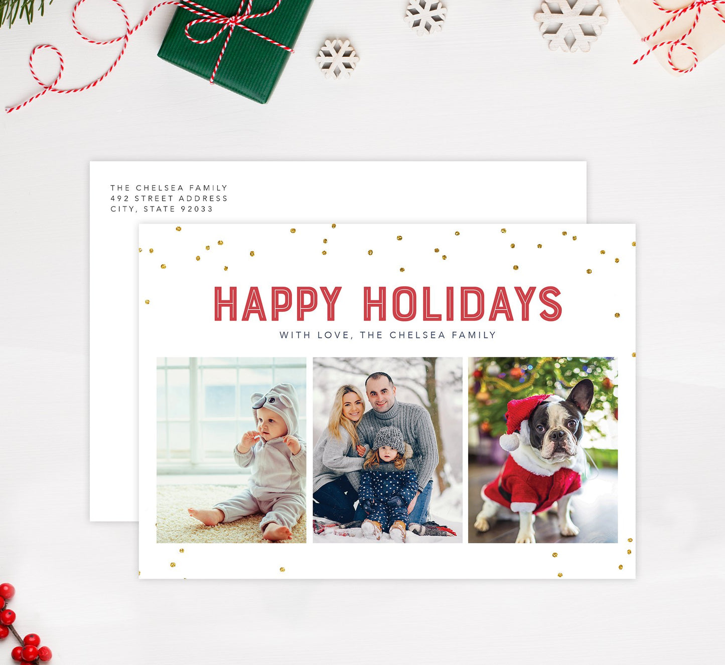 Glitter Dots Holiday Card Mockup; Holiday card with envelope and return address printed on it.