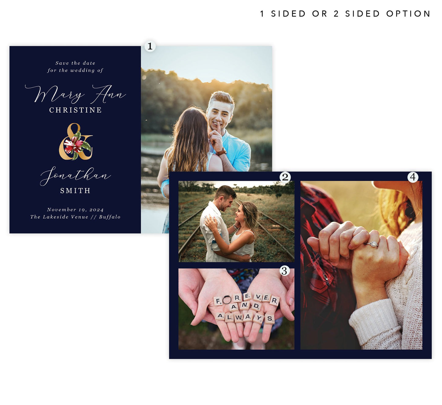 Graceful Navy Save the Date Card with 1 to 3 image spots