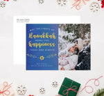 Load image into Gallery viewer, Hanukkah Happiness Holiday Card Mockup; Holiday card with envelope and return address printed on it. 
