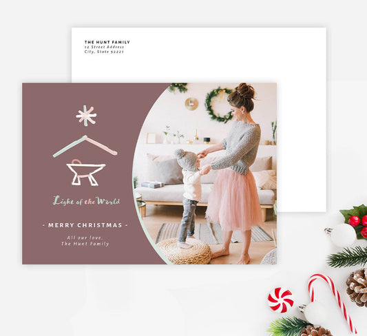 Light of the World Holiday Card Mockup; Holiday card with envelope and return address printed on it.
