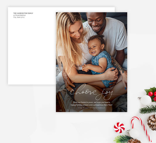 Choose Joy Holiday Card Mockup; Holiday card with envelope and return address printed on it.