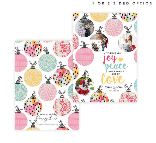 Artistic Ornaments Holiday Card Back and Front; Front holiday card on the right side with the same pattern covering the back of the card.