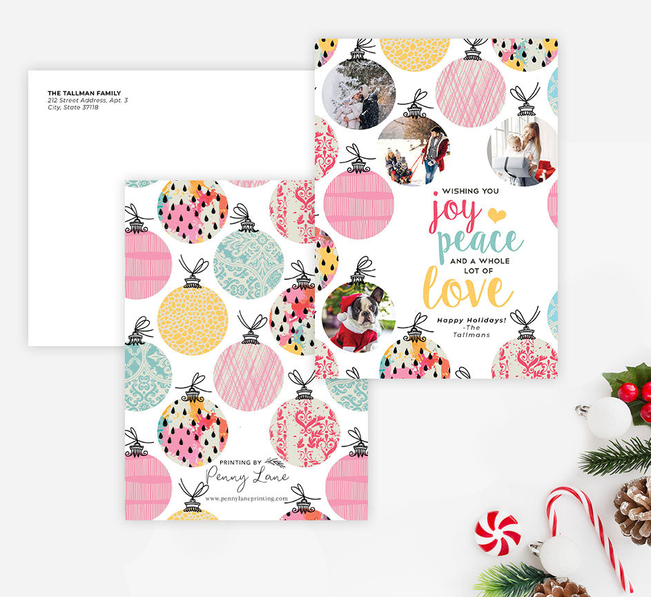 Artistic Ornaments Holiday Card Mockup; Holiday card with envelope and return address printed on it.