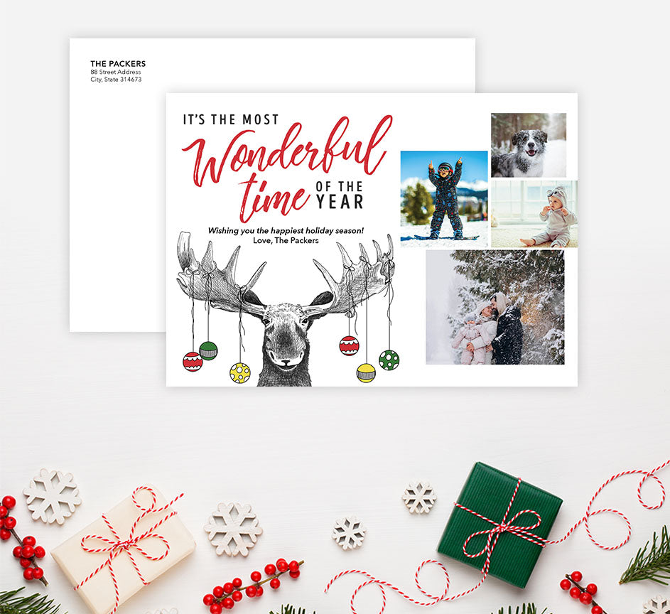 Christmas Moose Holiday Card Mockup; Holiday card with envelope and return address printed on it.