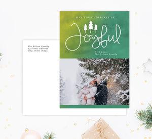 Joyful Holidays Holiday Card Mockup; Holiday card with envelope and return address printed on it. 