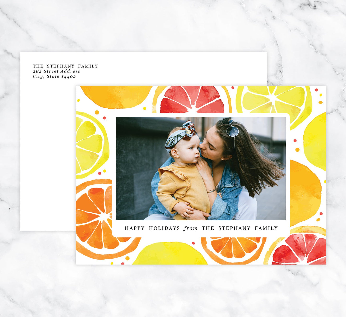 Lemony Sweet Holiday Card Mockup; Holiday card with envelope and return address printed on it.