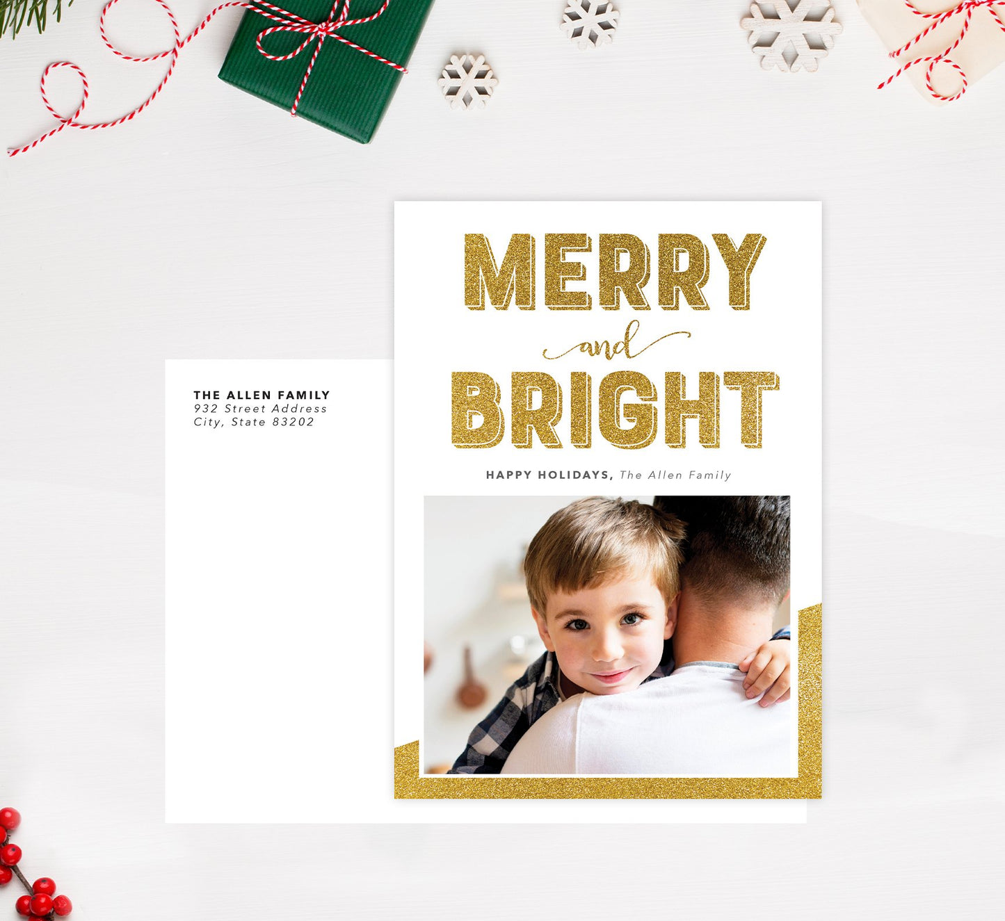 Merry and Bright Holiday Card; Holiday card with envelope and return address printed on it.