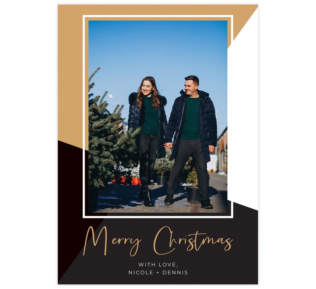 Modern Christmas Holiday Card; White, gold and black background with gold "Merry Christmas" below one photo spot.