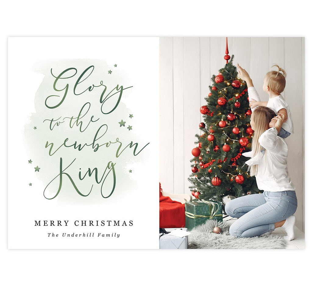 Newborn King Holiday Card; 1 large image spots with white background with green watercolor and typography