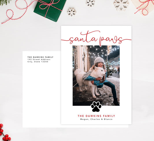 Santa Paws Holiday Card Mockup; Holiday card with envelope and return address printed on it.