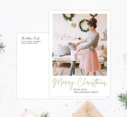 Simple Christmas Holiday Card Mockup; Holiday card with envelope and return address printed on it.