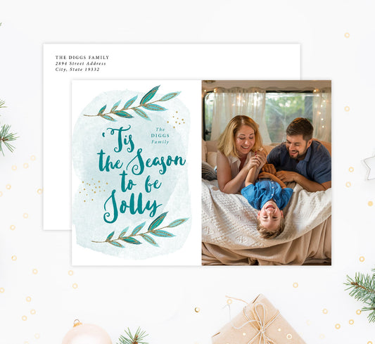 Tis the Season Holiday Card Mockup; Holiday card with envelope and return address printed on it.