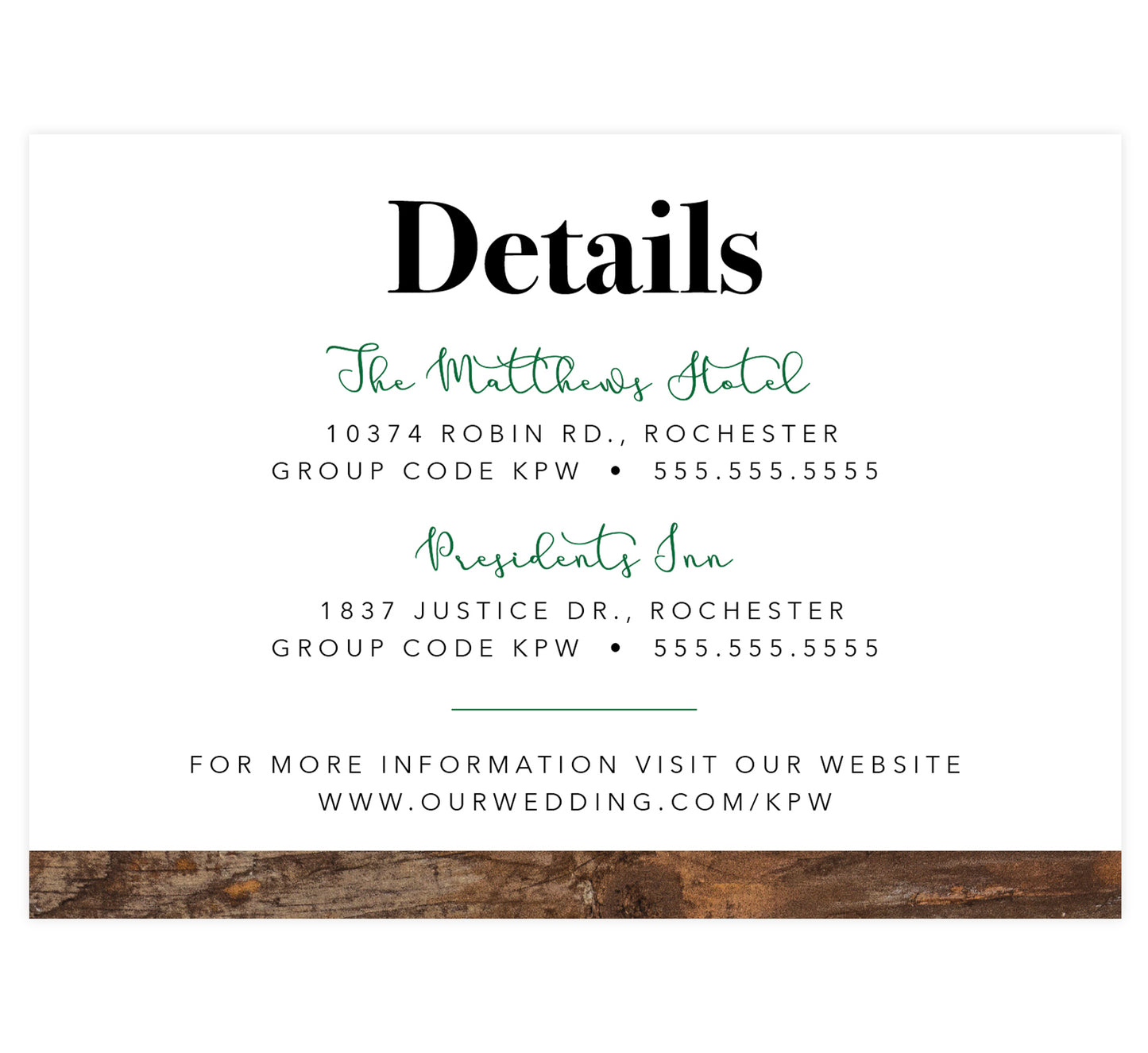 Rustic Elegance wedding accommodations/details card; white background with wood texture on the bottom edge and black and green text