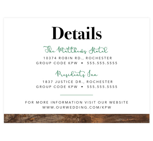 Rustic Elegance wedding accommodations/details card; white background with wood texture on the bottom edge and black and green text