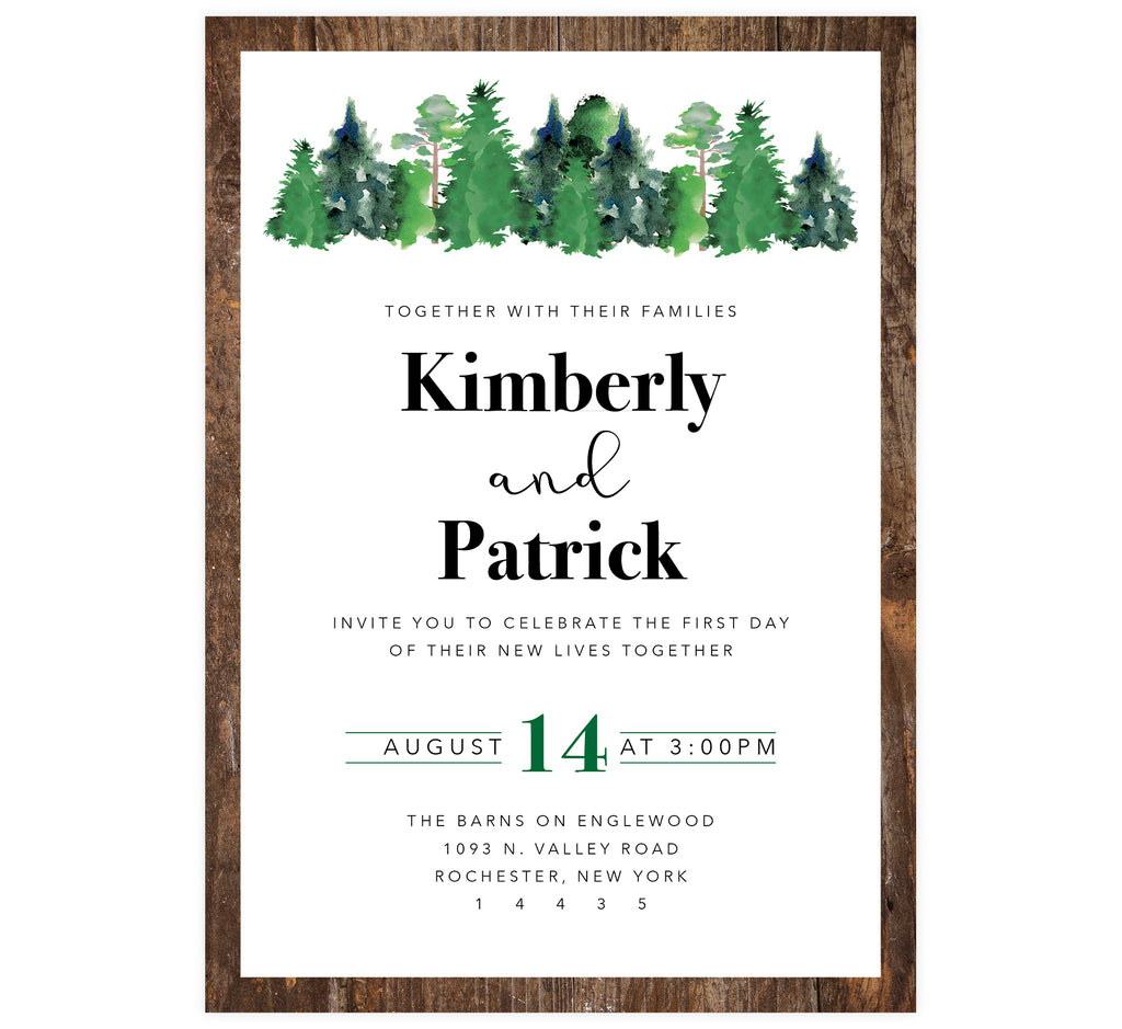 Rustic Elegance wedding invitation; wood border with black text and watercolor trees at the top