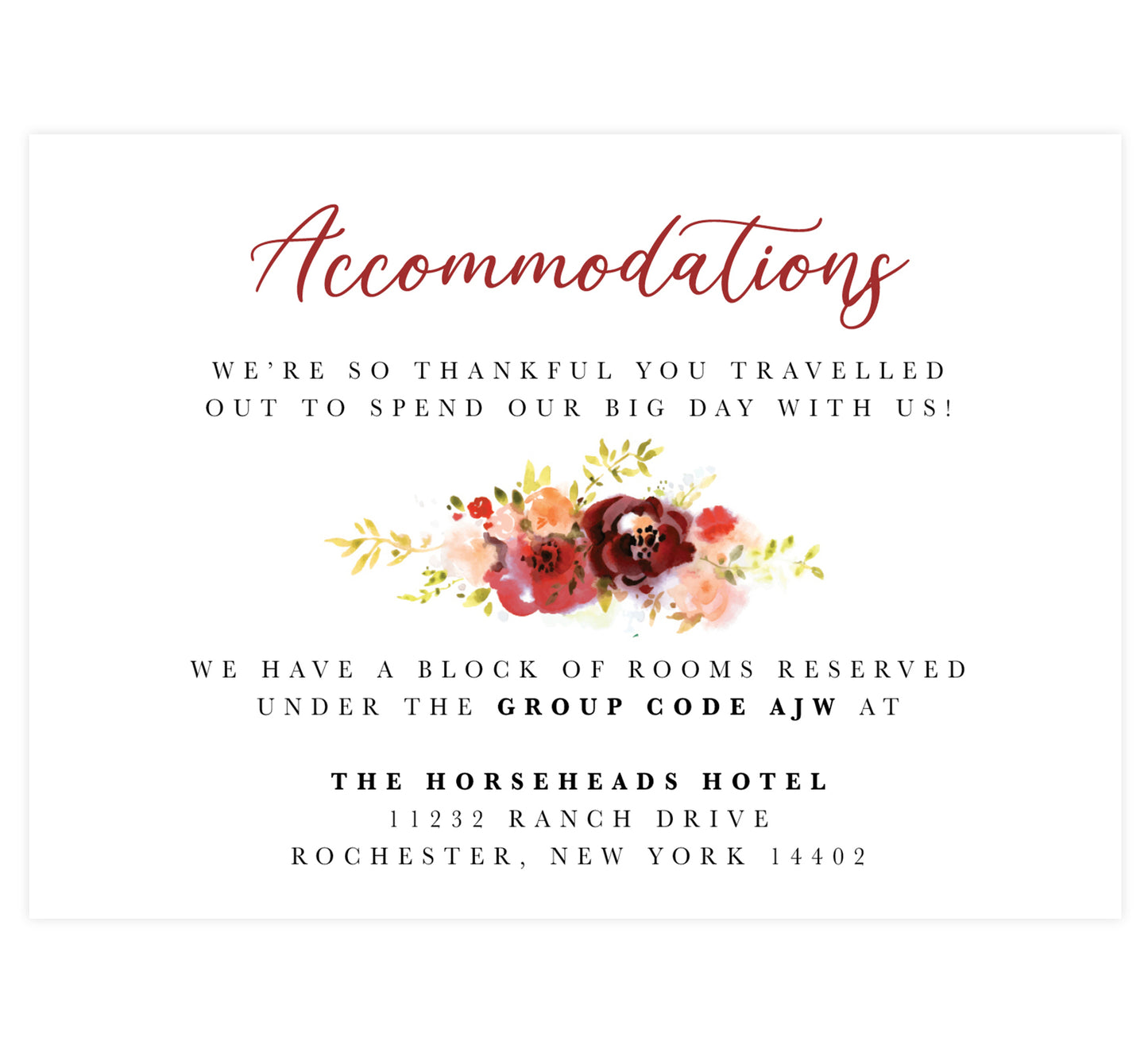 Alluring Floral Wedding Accommodation/Detail Card; white background with black and red text and watercolor florals in the middle