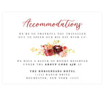 Load image into Gallery viewer, Alluring Floral Wedding Accommodation/Detail Card; white background with black and red text and watercolor florals in the middle
