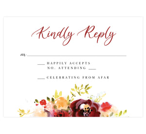 Alluring Floral Wedding Response Card; white background with watercolor florals on the bottom edge and black and red text