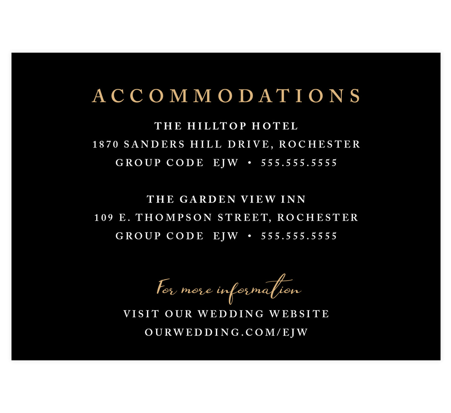 Succulent Frame Wedding accommodations/detail card; black background with white and gold text