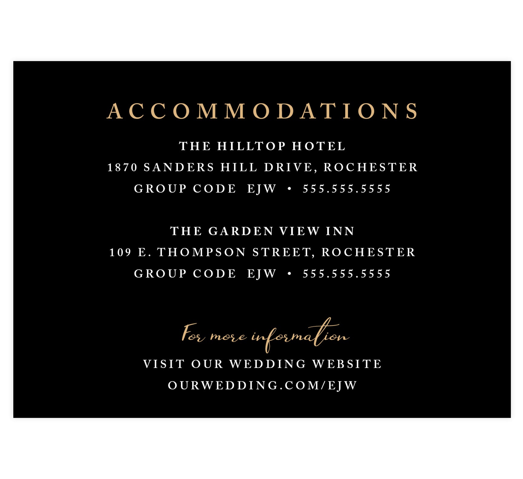 Succulent Frame Wedding accommodations/detail card; black background with white and gold text