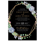 Load image into Gallery viewer, Succulent Frame Wedding Invitation; black background with gold frame, succulent son the top right and bottom left edges of the frame. White and gold text for the information
