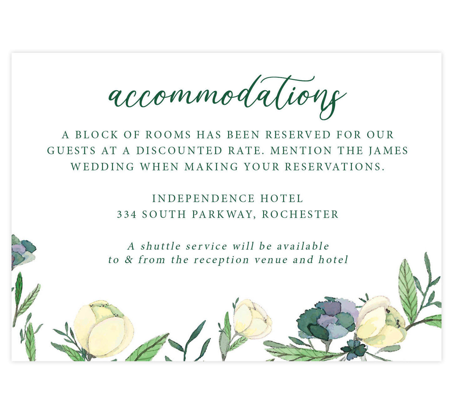 Romantic White Rose wedding accommodations/detail card; white background with white roses on bottom edge and green text