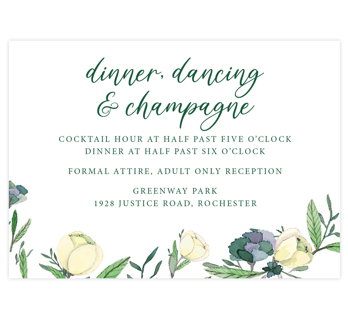 Romantic White Rose wedding reception card; white background with white roses on bottom edge and green text