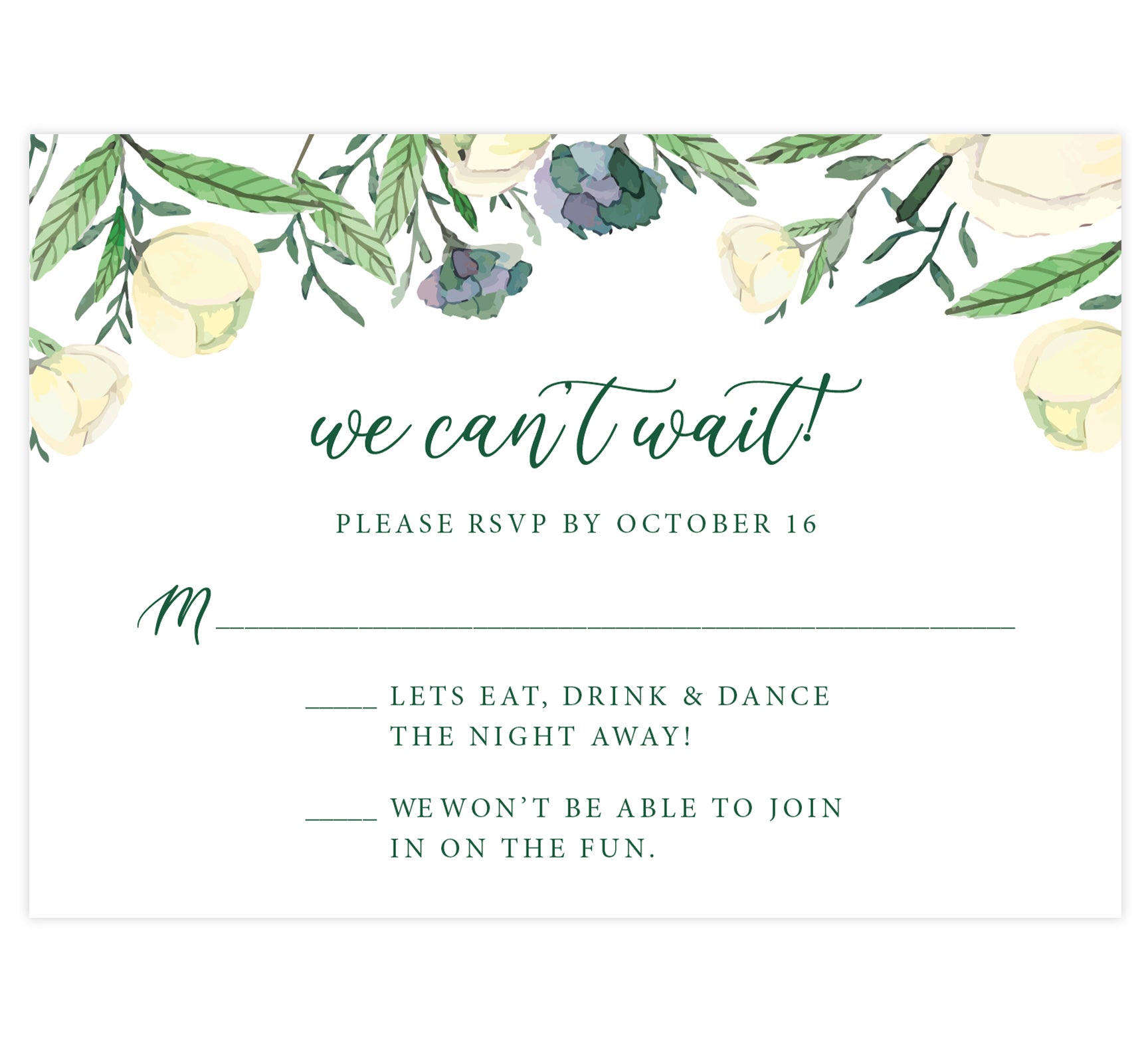 romantic white rose wedding response card; white background with white roses on the top edge and green text