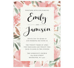 Load image into Gallery viewer, Bright and Beautiful wedding invitation; textured paper background with large watercolor pink floral frame and black text
